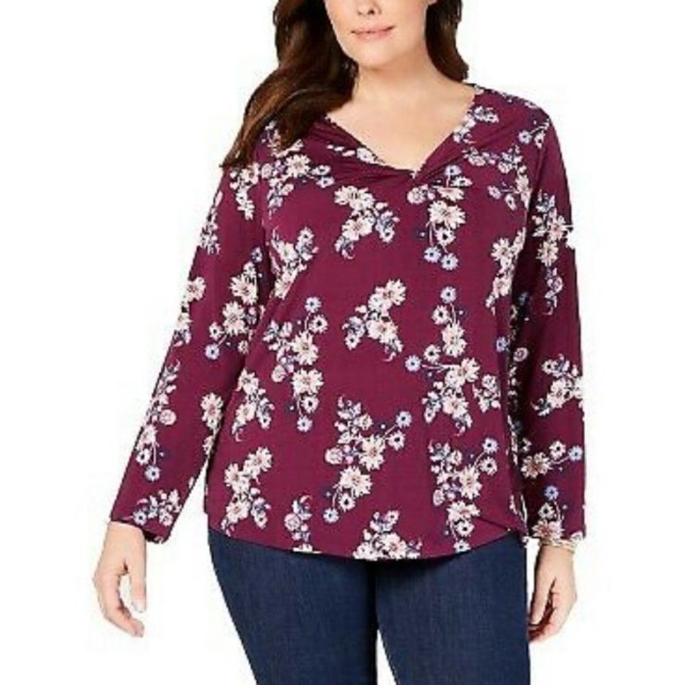 NWT Style&Co 2X & 3X Burgundy Floral V Neck Long Sleeve Top new with tags
